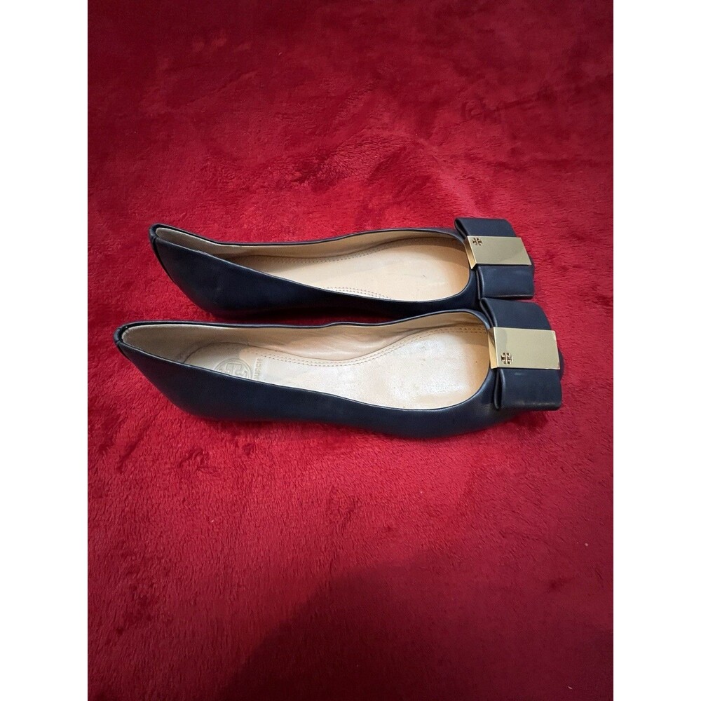 Tortoise Shell Bow Tory Burch Black Leather Ballerina Flats Womens Size 7.5
